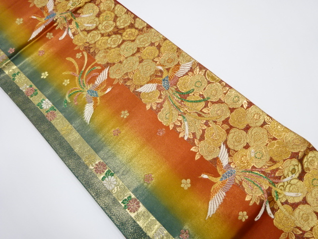 JAPANESE KIMONO / VINTAGE FUKURO OBI / SILK / WOVEN PHOENIX & CAMELLIA